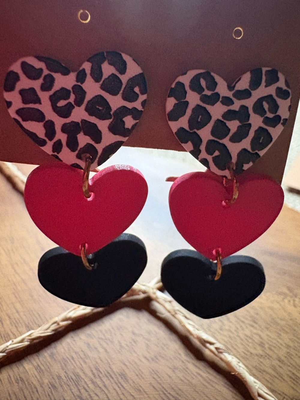 New Triple Heart Dangle Earrings in Pink Leopard, Hot Pink & Black